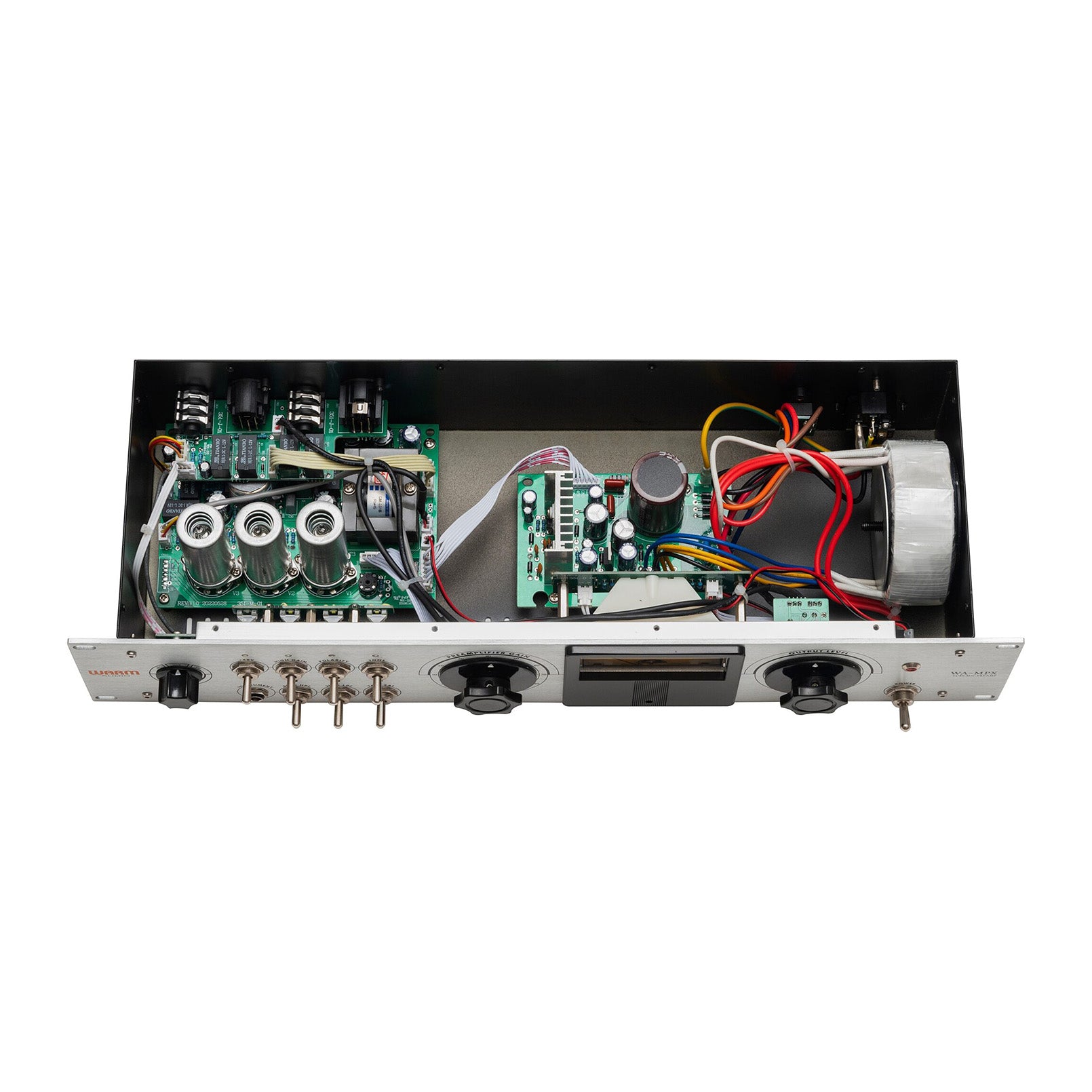 Warm Audio WA-MPX 1-channel Tube Mic/Line/Instrument Preamp, top view showing the inside with components, tubes and other circuitry.