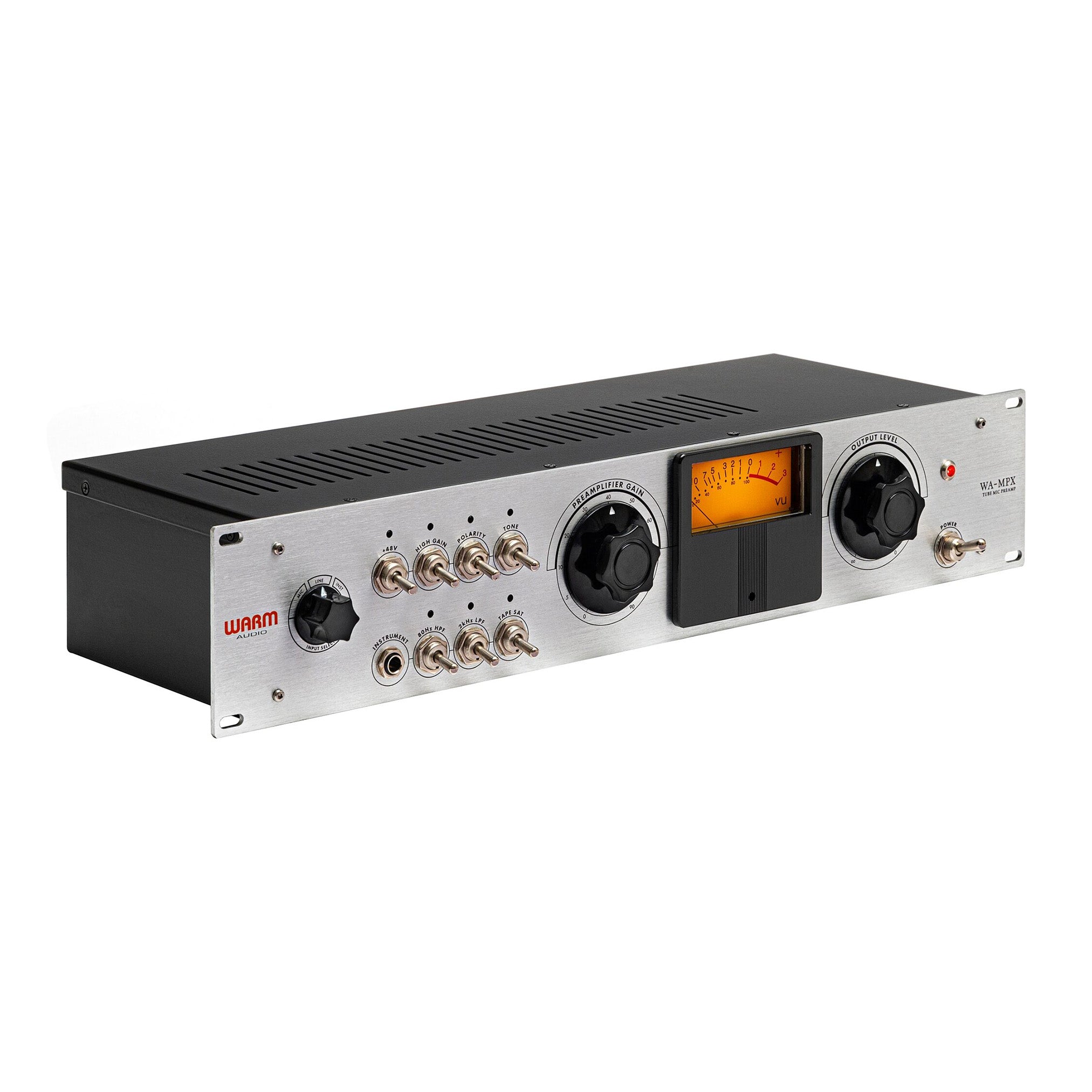 Warm Audio WA-MPX 1-channel Tube Mic/Line/Instrument Preamp, angled view with vintage meter showing instrument input, input selector, gain and output level knobs. Also featuring switches for power, phantom power, high gain, polarity, tone, high and low pass filters and tape saturation.