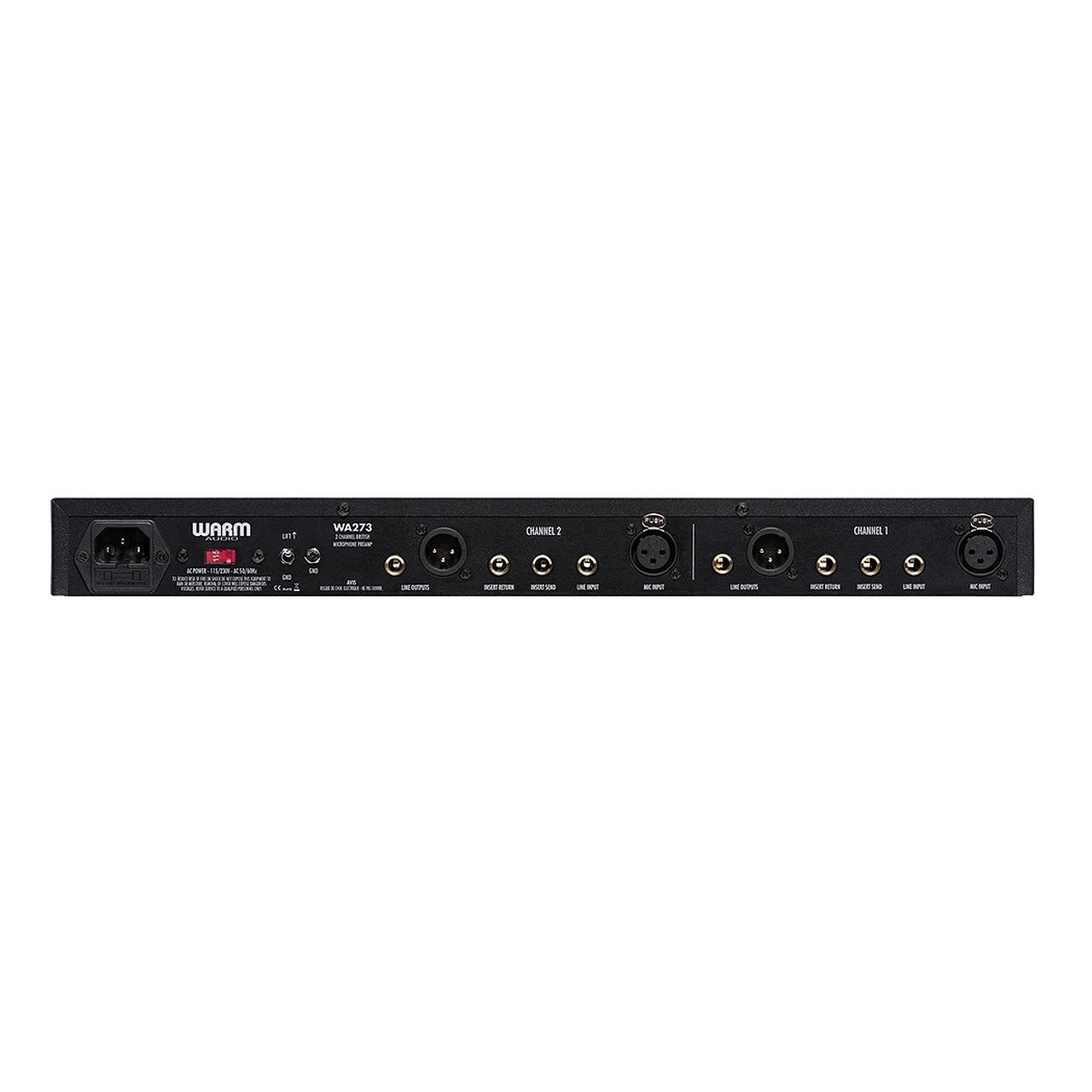 Warm Audio2 WA73 2-channel Microphone Preamp, back view showing inputs and outputs, send and returns for connecting to a patchbay, power input and fuse.