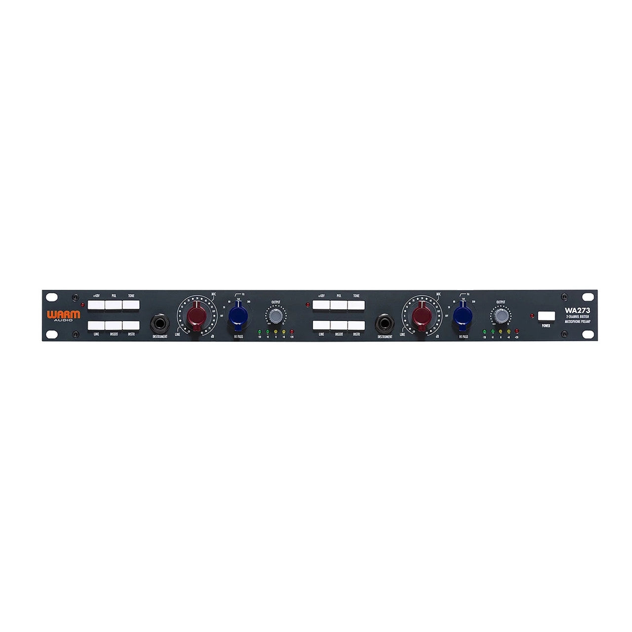 Warm Audio WA273 2-channel microphone preamplifier front panel, showing independent gain controls, mic and instrument inputs, independent phantom power, polarity, tone, and instrument/line switches.