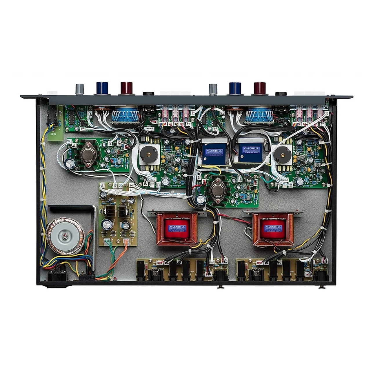 Warm Audio2 WA73 2-channel Microphone Preamp, inside view showing carnhill transformers and other components.
