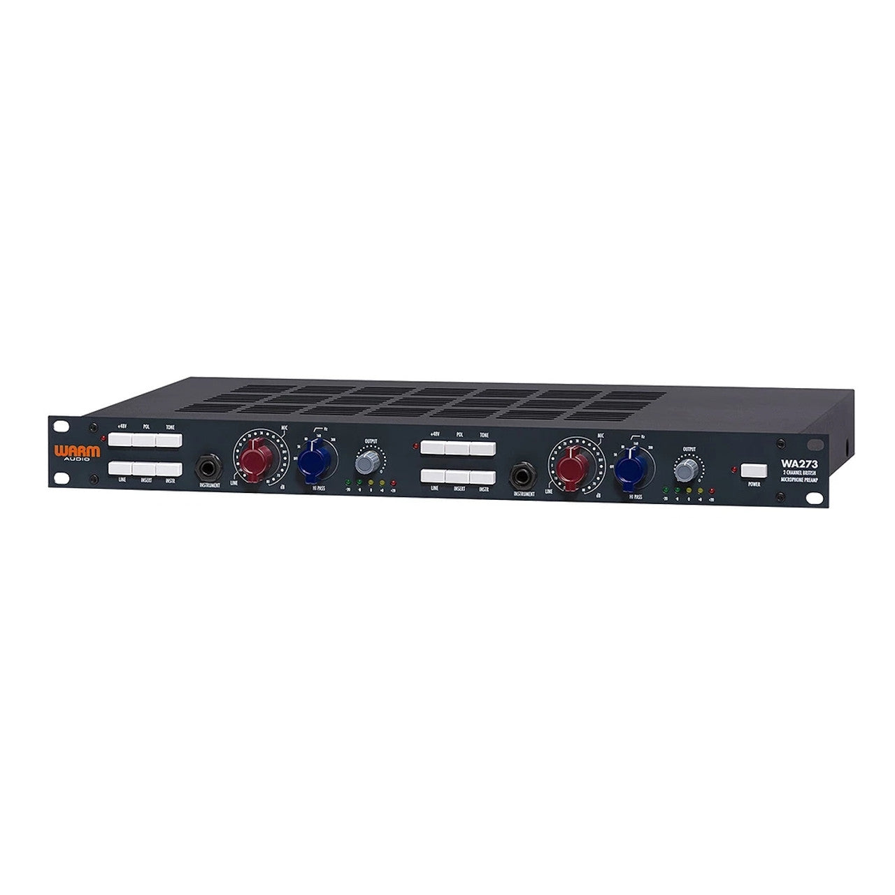 Warm Audio WA273 2-channel microphone preamplifier angled view of front panel, showing independent gain controls, mic and instrument inputs, independent phantom power, polarity, tone, and instrument/line switches.