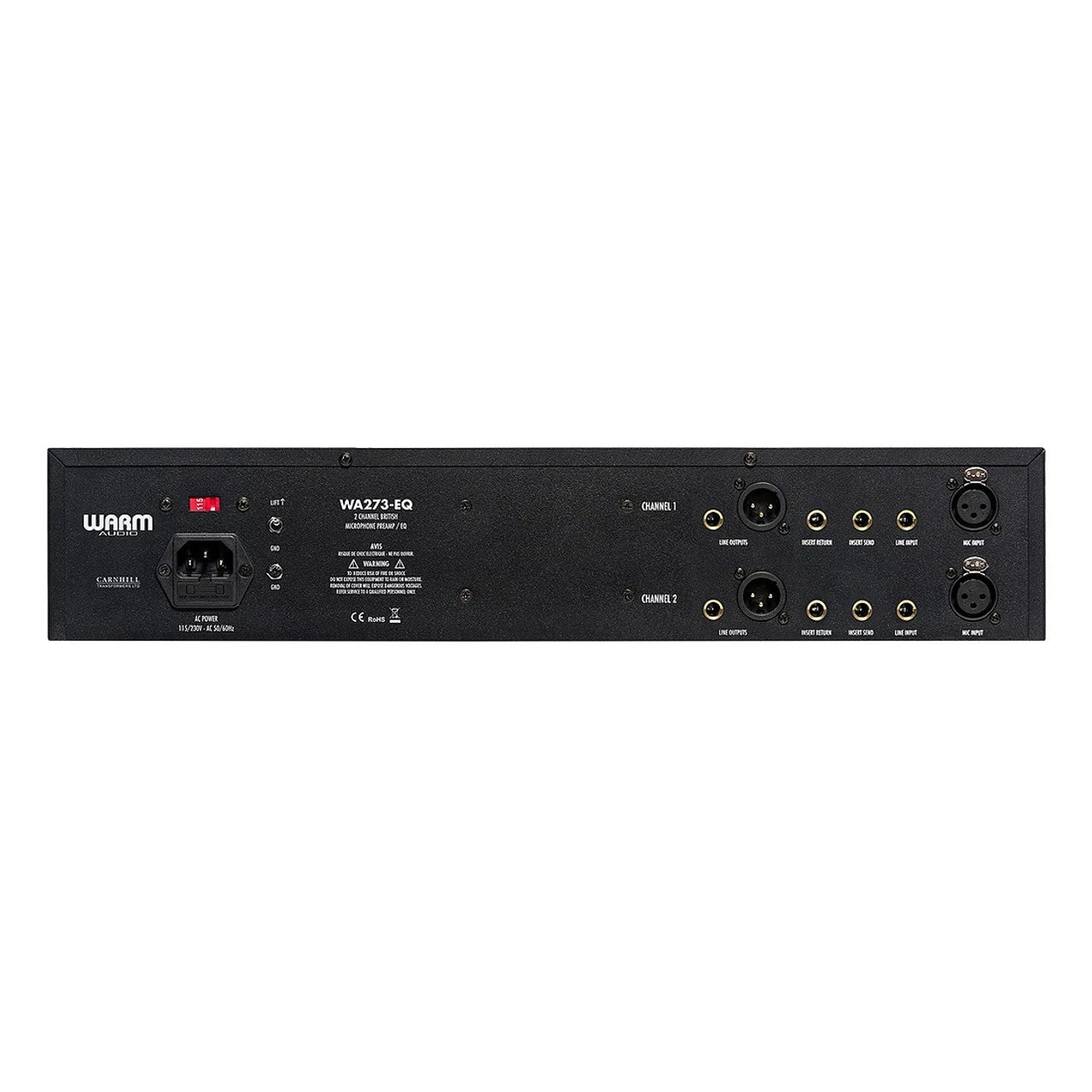 Warm Audio WA73-EQ Microphone Preamp and EQ, back view showing inputs, outputs, sends and returns for connecting to a patchbay, power input, and fuse.