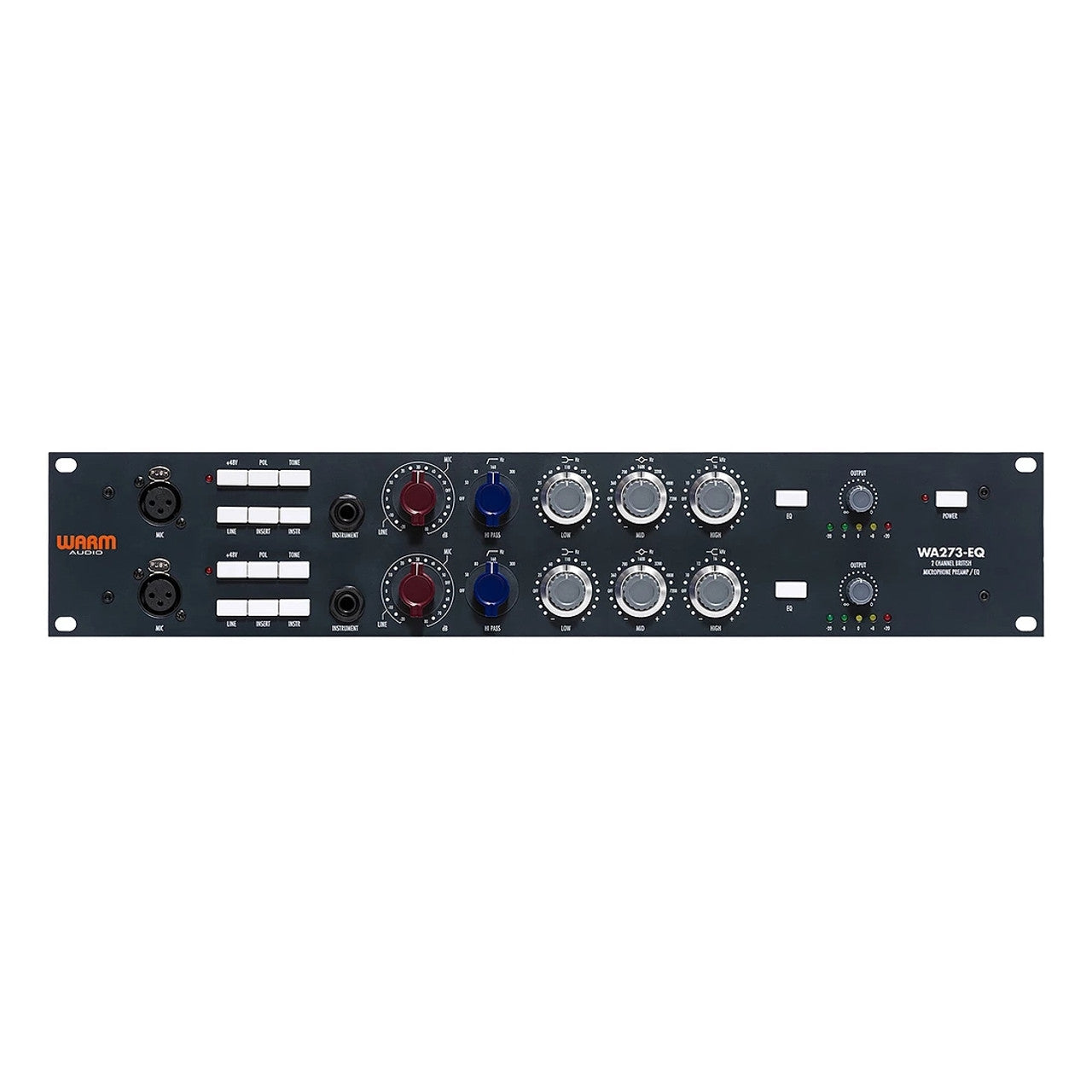 Warm Audio WA273-EQ 2-channel microphone preamplifier and EQ, front panel showing gain control, input/output selections, illuminated meters, essential control buttons, and a detailed 3-band inductor-based EQ with high-pass filter and eq in/out selector.