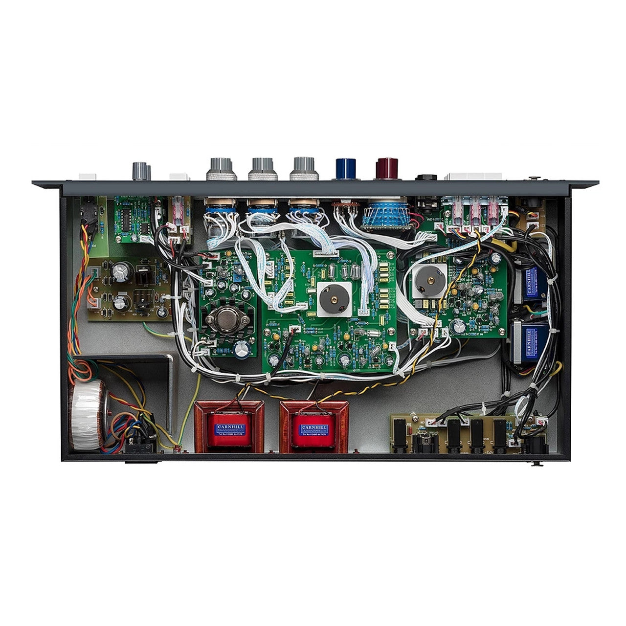 Warm Audio WA273-EQ Microphone Preamp and EQ, inside view showing carnhill transformers and other components.