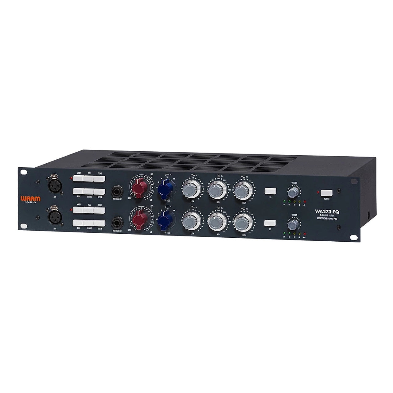 Warm Audio WA273-EQ 2-channel microphone preamplifier and EQ, angled view of front panel showing gain control, input/output selections, illuminated meters, essential control buttons, and a detailed 3-band inductor-based EQ with high-pass filter and eq in/out selector.