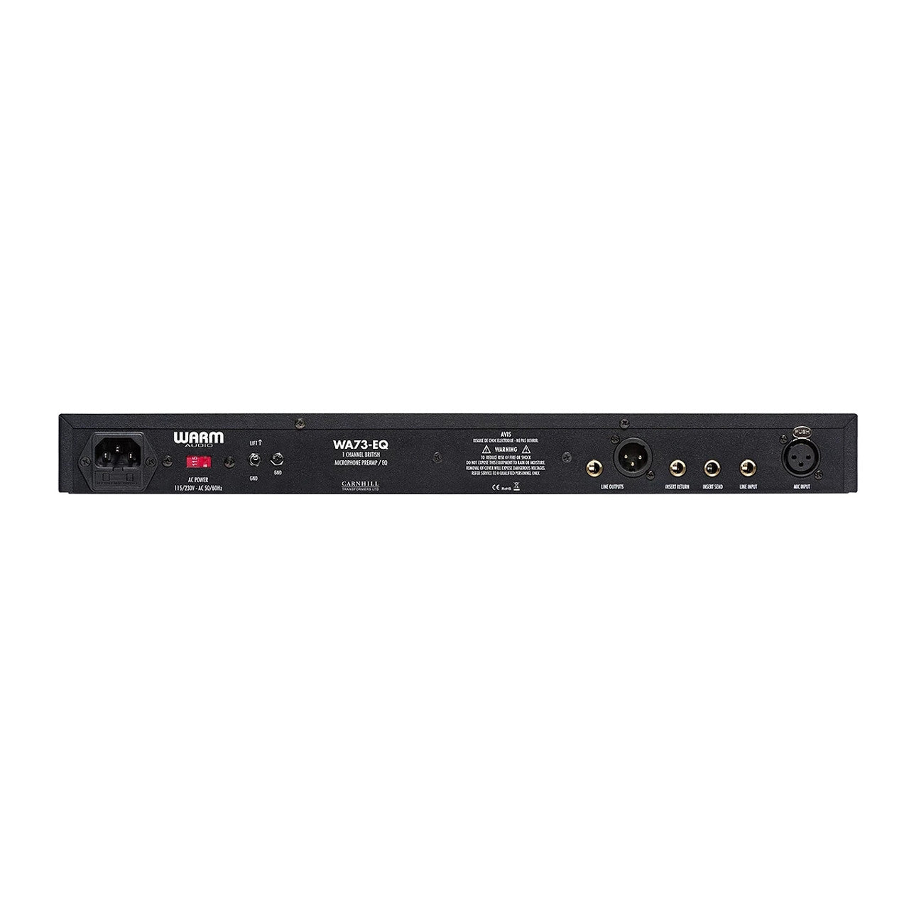 Warm Audio WA73-EQ Microphone Preamp and EQ, back view showing inputs, outputs, sends and returns for connecting to a patchbay, power input, and fuse.