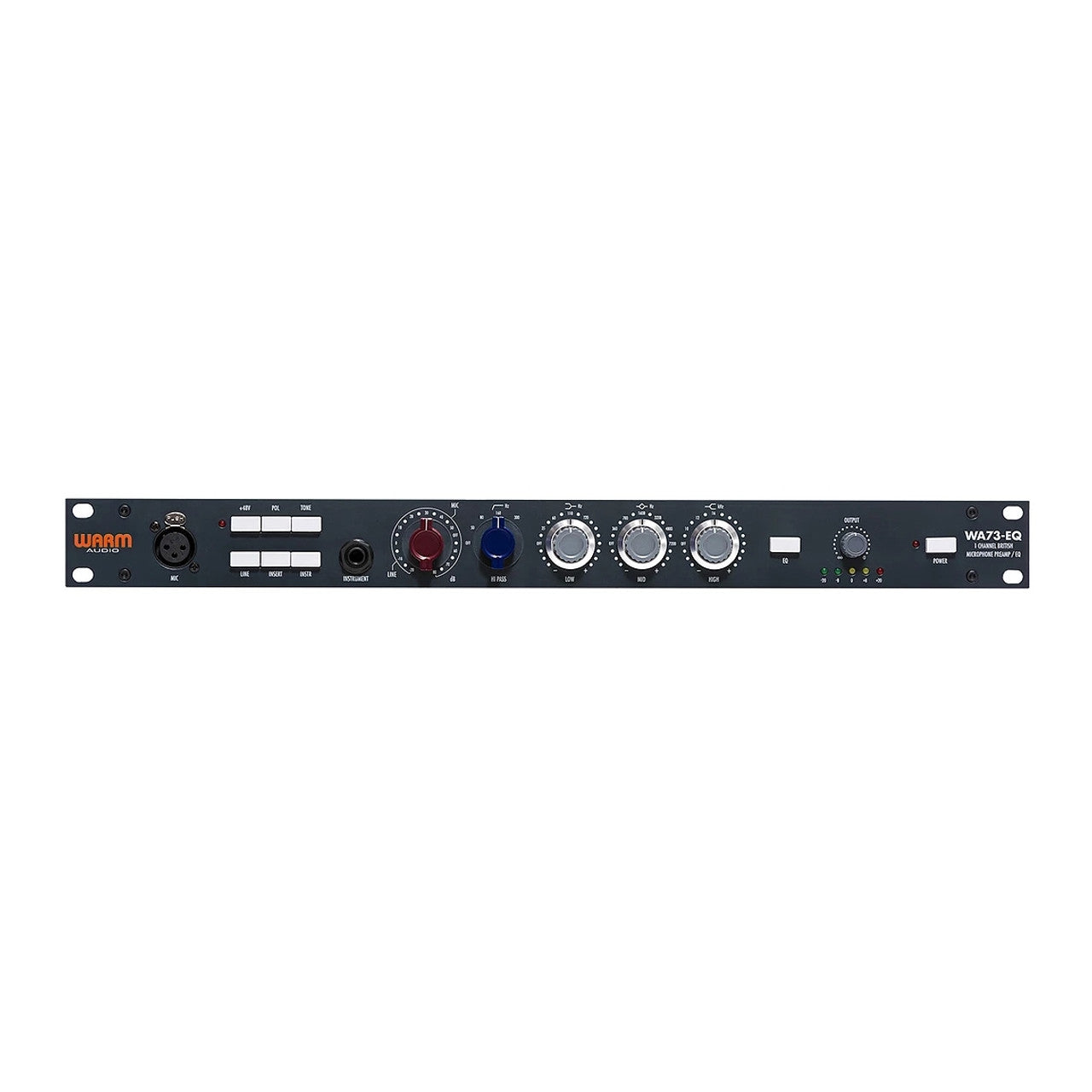 Warm Audio WA73-EQ microphone preamplifier and EQ, front panel showing gain control, input/output selections, essential control buttons, and a detailed 3-band inductor-based EQ with high-pass filter.