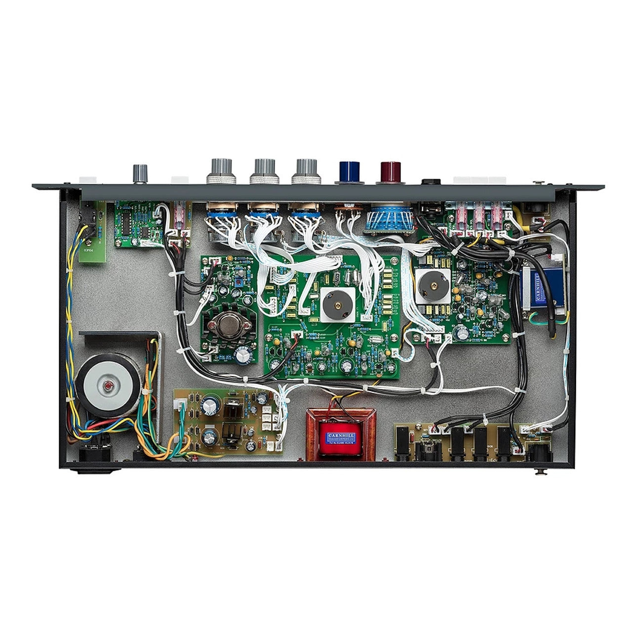 Warm Audio WA73-EQ Microphone Preamp and EQ, inside view showing carnhill transformers and other components.