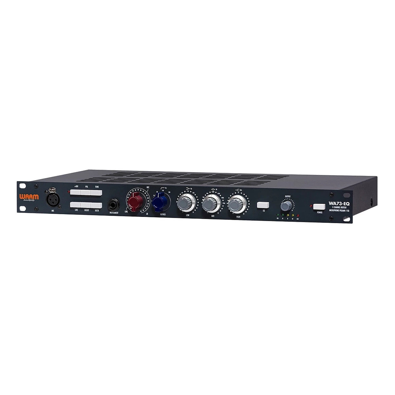 Warm Audio WA73-EQ microphone preamplifier and EQ, angled view of front panel showing gain control, input/output selections, essential control buttons, and a detailed 3-band inductor-based EQ with high-pass filter.