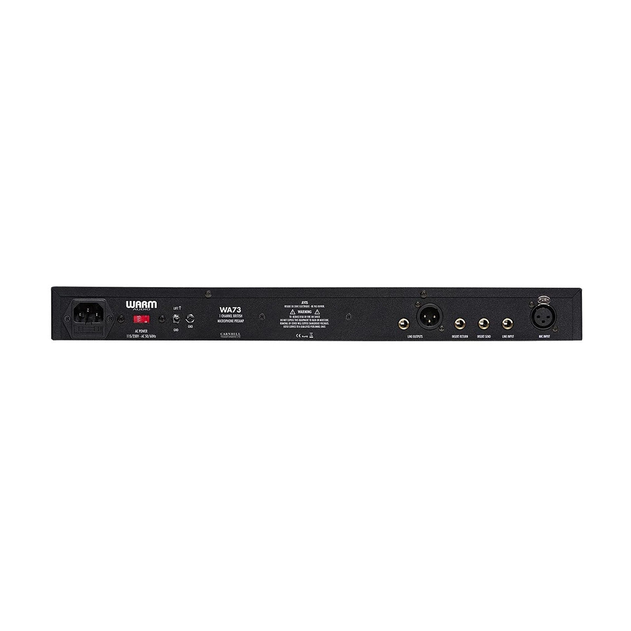 Warm Audio WA73 Microphone Preamp, back view showing inputs, outputs, sends and returns for patchbays, power input, and fuse.