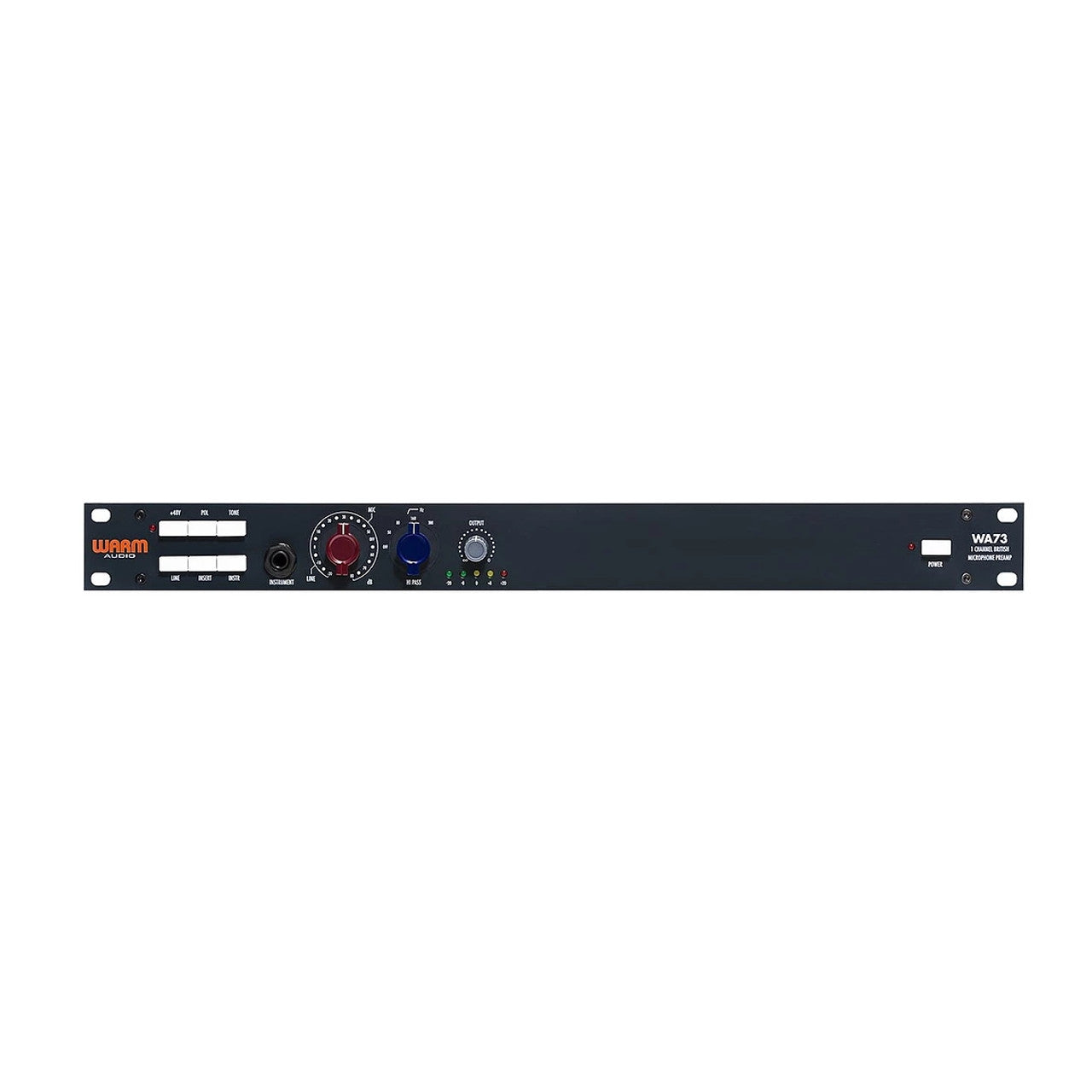 Warm Audio WA73 Microphone Preamp, front view showing gain knob, output trim, highpass filter, illuminated meter, and buttons for mic/line selector, phantom power, polarity, insert, instrument, and tone.