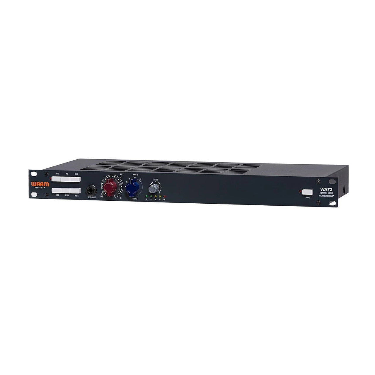 Warm Audio WA73 Microphone Preamp, angled view showing gain knob, output trim, highpass filter, illuminated meter, and buttons for mic/line selector, phantom power, polarity, insert, instrument, and tone.